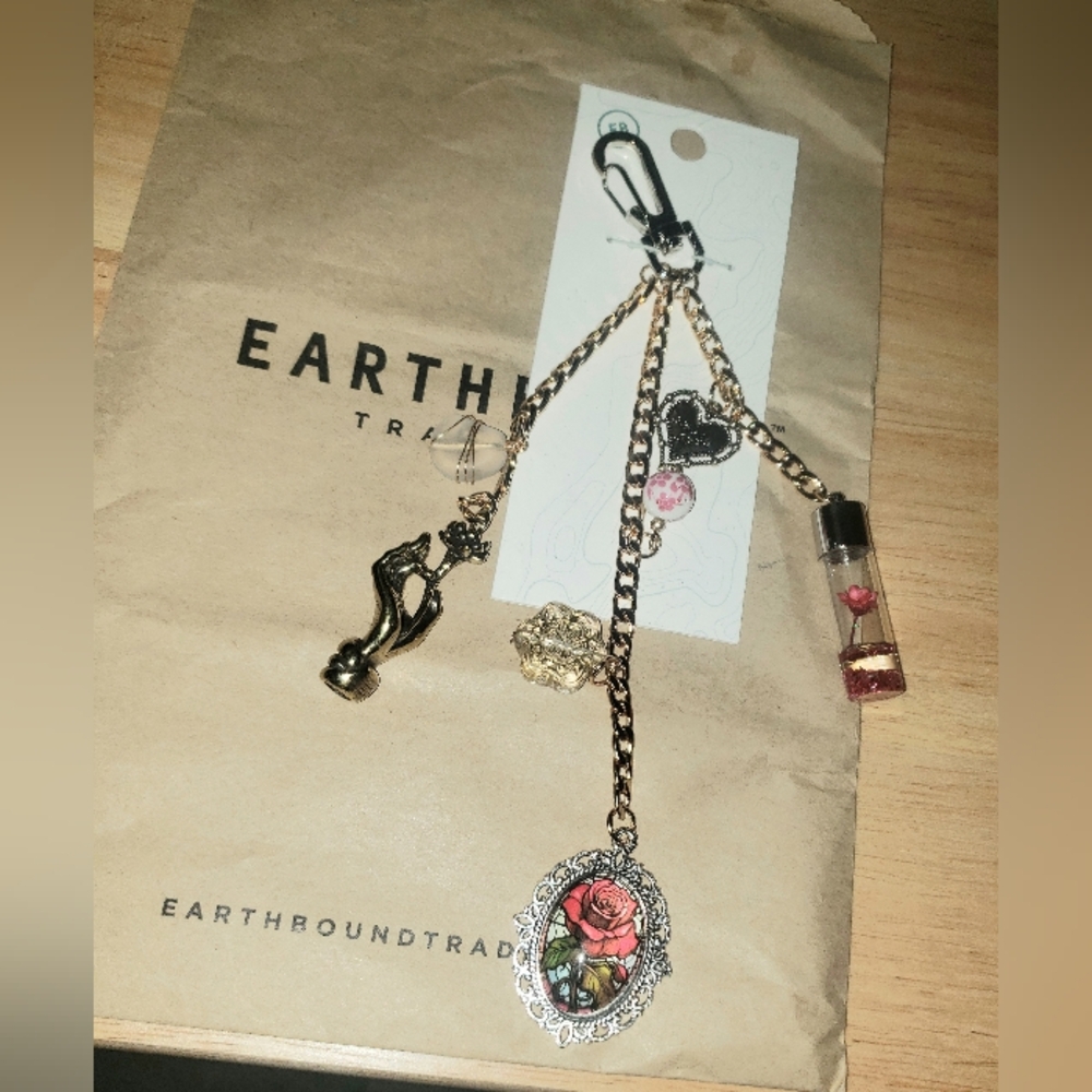 EARTHBOUND Gold and Black Rose Bag Charm Keychain NIB